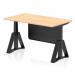 The picture captures a modern office setup with a dynamic sit stand and height adjustable desk. The desk features a 1400 x 800mm maple top, supported by sleek black legs. A black steel modesty panel adds style and functionality to the desk, while the piste foot ensures stability.