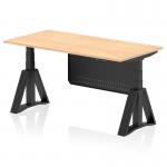 This image shows a sleek and modern office desk with a dynamic sit stand feature. The desk has a maple top and black leg with a steel modesty panel and piste foot. It measures 1600 x 800mm and is perfect for a versatile and ergonomic workspace.