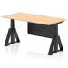This image shows a sleek and modern office desk with a dynamic sit stand feature. The desk has a maple top and black leg with a steel modesty panel and piste foot. It measures 1600 x 800mm and is perfect for a versatile and ergonomic workspace.