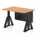 The photograph captures a sleek and modern Dynamic Sit Stand and Height Adjustable Desk. Featuring a 1200 x 800mm oak top and black steel legs, it also includes a black steel modesty panel for added privacy. The piste foot adds a touch of elegance to this versatile office desk.