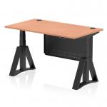 This picture features a sleek and modern dynamic sit stand and height adjustable desk with a beech top and black steel legs. Cable ports are included for easy organization. The desk also has a black steel modesty panel for added privacy. The piste foot provides stability while adjusting the desk to your desired height.