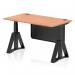 This picture features a sleek and modern dynamic sit stand and height adjustable desk with a beech top and black steel legs. Cable ports are included for easy organization. The desk also has a black steel modesty panel for added privacy. The piste foot provides stability while adjusting the desk to your desired height.
