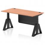 The image shows a spacious 1600 x 800mm beech top desk with adjustable height and a black steel modesty panel. There are cable ports and a piste foot for added convenience. The modern design allows for dynamic sit-stand options.