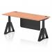 The photo features a sleek and modern dynamic sit-stand desk, with a beech top and black steel modesty panel. The desk is 1800 x 800mm in size and has cable ports for convenient organization. The black legs and piste foot add a touch of elegance to this height-adjustable office desk.