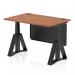 The photograph shows a stylish and versatile office desk, with a walnut top and black steel modesty panel. The desk is height adjustable, with cable ports and a piste foot for added comfort and ergonomics. Its dynamic design promotes switching between sitting and standing for a healthier work environment.