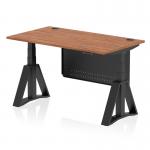 This image features a sleek and modern Dynamic Sit Stand and Height Adjustable Desk. Its dimensions are 1400 x 800mm and it has a walnut top and black steel legs. The desk is equipped with cable ports for easy organization and a black steel modesty panel for privacy. It also includes a piste foot for added stability.