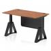 This image features a sleek and modern Dynamic Sit Stand and Height Adjustable Desk. Its dimensions are 1400 x 800mm and it has a walnut top and black steel legs. The desk is equipped with cable ports for easy organization and a black steel modesty panel for privacy. It also includes a piste foot for added stability.