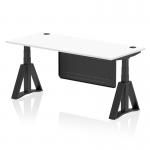 The photo shows a modern and versatile office workspace with a white top height adjustable desk measuring 1800 x 800mm. It features cable ports, a black leg, a steel modesty panel, and a piste foot for added stability. The dynamic sit stand feature allows for a comfortable and ergonomic working experience.