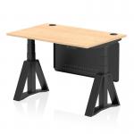The photograph showcases a modern and versatile office desk with a maple top and black steel modesty panel. It features adjustable height options and cable ports for efficient organization. The unique piste foot design adds a touch of style to the overall sleek and dynamic look of the desk.