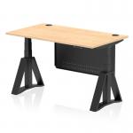 This image shows a 1400 x 800mm height adjustable office desk with a maple top and black leg. The desk also has cable ports, a black steel modesty panel, and piste foot for support. It is a dynamic sit stand desk, perfect for a modern and ergonomic workspace.