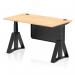 This image shows a 1400 x 800mm height adjustable office desk with a maple top and black leg. The desk also has cable ports, a black steel modesty panel, and piste foot for support. It is a dynamic sit stand desk, perfect for a modern and ergonomic workspace.
