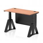 This photograph showcases a dynamic sit stand and height adjustable desk with a beech top and black leg. The desk also features cable ports and a black steel modesty panel, along with a piste foot for added stability. The desk measures 1200 x 600mm and is the perfect addition to any office space.