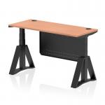 This picture features a dynamic sit stand and height adjustable desk with a beech top and black steel modesty panel. The desk also includes cable ports and a piste foot, giving it a modern and functional design. The 1400 x 600mm size makes it suitable for an office environment.