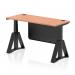 This picture features a dynamic sit stand and height adjustable desk with a beech top and black steel modesty panel. The desk also includes cable ports and a piste foot, giving it a modern and functional design. The 1400 x 600mm size makes it suitable for an office environment.