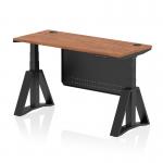 This desk features a spacious walnut top and black steel modesty panel, giving it a modern and sleek appearance. Its dynamic sit stand and height adjustable design allows for customizable comfort, while cable ports and a piste foot add practicality. The perfect addition to any office space.