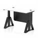 This photograph shows a dynamic sit stand and height adjustable desk with a white top and black legs. The desk measures 1200 x 600mm and features cable ports and a black steel modesty panel. The piste foot adds a sleek touch to the design.