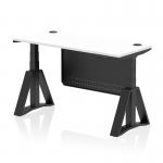 This picture features a dynamic sit-stand and height-adjustable desk, measuring 1400 x 600mm. It has a clean white top with cable ports, supported by sleek black legs and a matching steel modesty panel. The desk also comes with a piste foot for added stability and support.