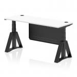 This image shows a sleek, modern office desk with a white top and black steel legs. The desk is equipped with cable ports and a black steel modesty panel, creating a professional and organized workspace. The desk is also height adjustable, allowing for both sitting and standing positions. The dimensions are 1600 x 600mm, making it a spacious option for any office.