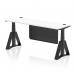 This photo features a modern and versatile work desk. The white top and black steel frame give the desk a sleek look. It also includes cable ports and a modesty panel for added functionality. The desk is height adjustable and has a piste foot for stability. Its dimensions are 1800 x 600mm.