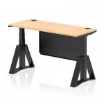 The picture shows a modern office desk with a maple top and black steel legs. It is 1400 x 600mm in size and has a dynamic sit stand feature, making it height adjustable. The desk also has cable ports and a black steel modesty panel with a piste foot.
