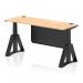 This image features a dynamic sit stand and height adjustable desk. The desk is 1600 x 600mm and has a maple top with cable ports. The legs are black and there is a black steel modesty panel. The desk also has a piste foot for added stability.