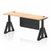 This photo features a dynamic sit stand and height adjustable desk with a maple top and black steel modesty panel. The desk also includes cable ports and a piste foot, providing a sleek and functional workspace solution.