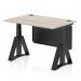 The photograph shows a sleek and modern office desk with a grey oak top and black legs. The desk is designed to be height adjustable, with cable ports for easy organization. It also features a black steel modesty panel and piste foot for added stability.