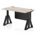 This picture features a sleek and modern height adjustable desk with a grey oak top, black steel legs and a matching modesty panel. The desk also includes cable ports and a piste foot for added stability. It offers both a standing and sitting option for a comfortable and dynamic work experience.