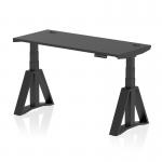 The photo shows a modern workspace with a dynamic sit-stand desk that can adjust in height. The desk features a sleek black top and cable ports, supported by black legs with a piste foot. The overall look is professional and functional.