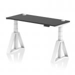 The picture shows a sleek and modern office desk with a black top, white leg, and cable ports. The desk is 1400 x 600mm in size and features a piste foot for added stability. Its dynamic sit-stand and height adjustable design make it versatile and ergonomic.
