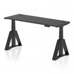 The image shows a modern black desk with adjustable height and a sleek black surface. It features cable ports for easy organization and a unique piste foot design on the legs. This versatile desk is perfect for any office space.