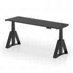 This picture captures a sleek and modern office desk with a black top and legs. It features adjustable height capabilities and convenient cable ports to keep your workspace organized. The Piste Foot adds a stylish touch to this versatile desk.