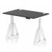 The image shows a dynamic sit-stand and height adjustable desk with dimensions of 1200x800mm. The desk features a black top with cable ports and a white leg with a piste foot. It is designed for use in an office setting.