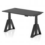 The photo shows a sleek and modern office desk with a black top and adjustable height feature. It has cable ports for easy organization and a black leg with a piste foot for added stability. This dynamic sit stand desk is perfect for any workspace, providing versatility and functionality.