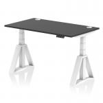 This picture shows a dynamic sit-stand and height-adjustable desk with dimensions of 1400 x 800mm. The desk features a black top and white legs, and comes with cable ports and a piste foot. The desk is perfect for any office setting.
