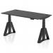 The image shows a sleek black office desk, measuring 1600 x 800mm, with an adjustable height feature. It has built-in cable ports and sturdy black legs with a piste foot for stability. The desk exudes a modern and dynamic feel, perfect for a flexible and ergonomic workspace.