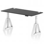 The photograph shows a sleek black desk with a white leg and a Piste Foot, with cable ports for organization. The desk is 1600 x 800mm and has a dynamic sit stand feature for adjustable height.