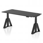 This picture features a modern and functional dynamic sit stand and height adjustable desk. The desk has a sleek black top and cable ports for easy organization. It also has a black leg with a piste foot for stability. The desk measures 1800 x 800mm.