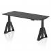 This picture features a modern and functional dynamic sit stand and height adjustable desk. The desk has a sleek black top and cable ports for easy organization. It also has a black leg with a piste foot for stability. The desk measures 1800 x 800mm.