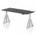 The image shows a sleek and modern Dynamic Sit Stand and Height Adjustable Desk. The desk is 1800 x 800mm and features a black top with cable ports. The legs are silver with a piste foot, adding extra stability. This desk is perfect for any office space looking for a versatile and ergonomic option.