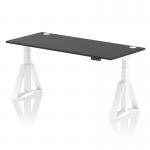 This photo features a sleek, modern air 1800 x 800mm height adjustable office desk, with a black top and white leg. The desk includes cable ports and a piste foot for added convenience.