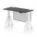 This office desk is sleek and modern, with a black top and white steel legs. It has a dynamic sit stand feature and can be adjusted to different heights, making it perfect for any workspace. The desk also comes with cable ports and a modesty panel for added functionality. The piste foot adds a unique touch to its design.