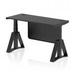 The photo shows a sleek and modern office desk with a black top and black steel legs. The desk is equipped with cable ports and a dynamic sit stand feature, allowing for a comfortable and adjustable work setup. The black steel modesty panel adds a professional touch while the piste foot provides stability.