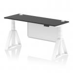 This photo shows a modern office desk with a sleek black top and white legs, featuring a built-in cable port for a tidy workspace. Its unique design includes a height adjustable feature and a steel modesty panel with piste foot for added support.