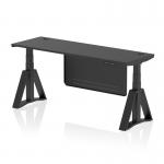 This picture depicts a modern and sleek dynamic sit-stand and height adjustable desk. It features a spacious 1800 x 600mm black top with cable ports, supported by black legs and a steel modesty panel with a piste foot. The desk is ideal for a versatile and ergonomic workspace.