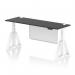 This photo features a modern and sleek office desk with dimensions of 1800 x 600mm. The desk is equipped with air modesty panels and cable ports for easy organization. The black top contrasts beautifully with the white legs and steel modesty panel. The desk also boasts customizable height adjustment and a convenient piste foot.