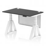 The image shows a sleek and modern office desk with a black top and white legs. The desk is 1200 x 800mm in size and has cable ports for organization. It features a dynamic sit-stand function and can be easily adjusted to various heights. A white steel modesty panel adds a touch of elegance, and the piste foot provides stability. This desk is perfect for any professional workspace.