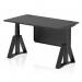 This photo features a sleek black height adjustable office desk measuring 1400 x 800mm. The top is made of black steel with cable ports and is supported by black legs. A black steel modesty panel with a piste foot completes the modern and functional design.
