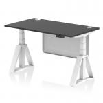 This picture shows a modern office desk with a black top and white steel legs. It has height adjustable features and cable ports for organization. The sleek design includes a white steel modesty panel and a piste foot for support.