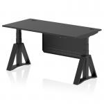 This image features a sleek and modern Dynamic Sit Stand and Height Adjustable Desk, measuring 1600 x 800mm. It has a black tabletop and legs, with cable ports for organization. The steel modesty panel adds a touch of sophistication and the piste foot provides extra stability.